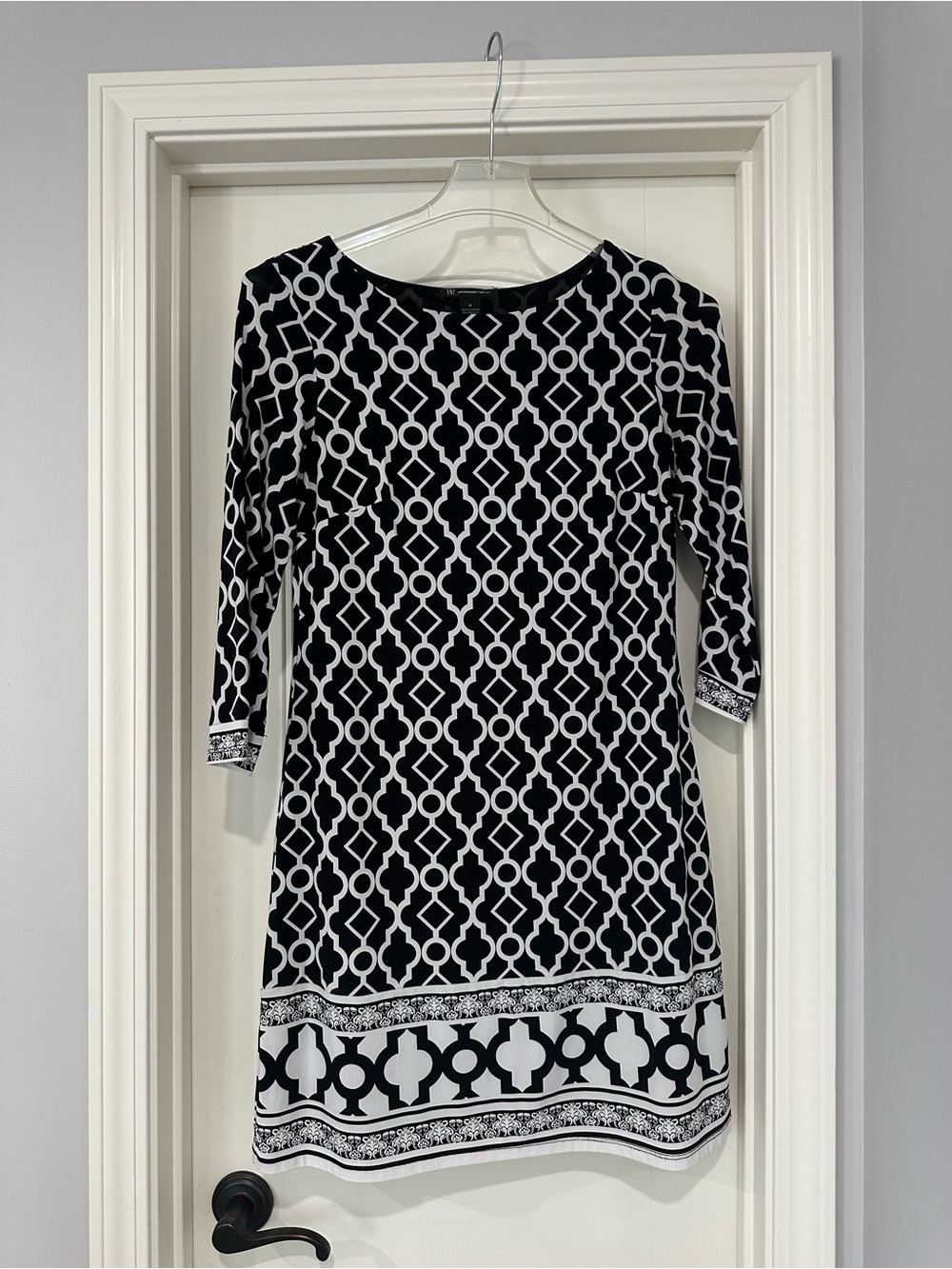 INC International Concepts Black & White Geometric Long Sleeve Dress